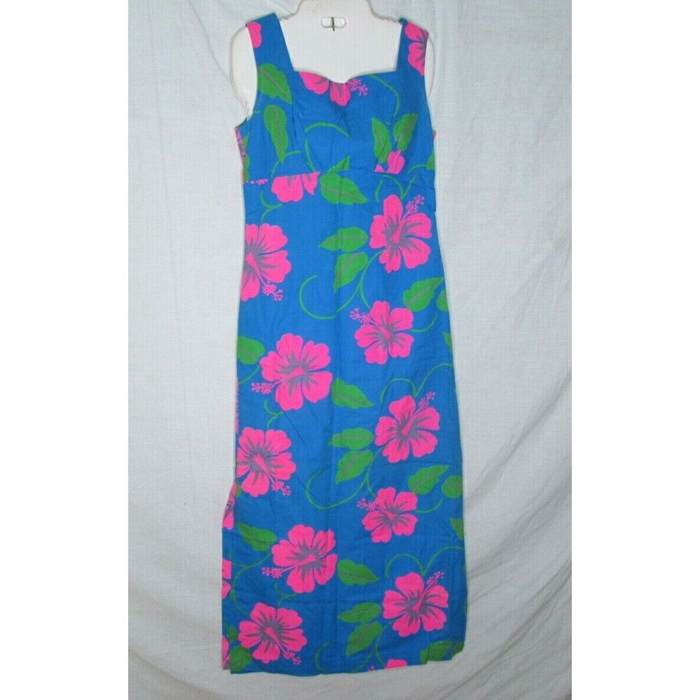 Malihini Hawaii Dress Empire Waist Waterfall Train Sleeveless Hibiscus Print
